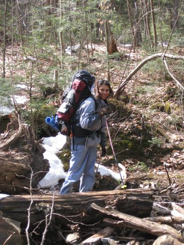 Shireen crosses on a log