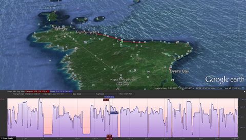 Kayaking track log, with a few little sprints and stops.  I forgot to turn on the GPS after one or two rest stops, which would explain kayaking over the escarpment...