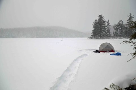 In the distance, Denzil testing the thickness of the ice, with an axe of course!