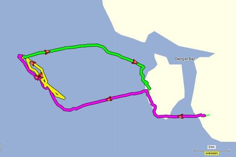 I couldn't figure out how to add the legend or data - if anyone knows how to use Garmin Basecamp let me know.  Magenta is July 11 (19km), Yellow is July 12 (team "no rush" 11km) and Green is July 13 (19km)
