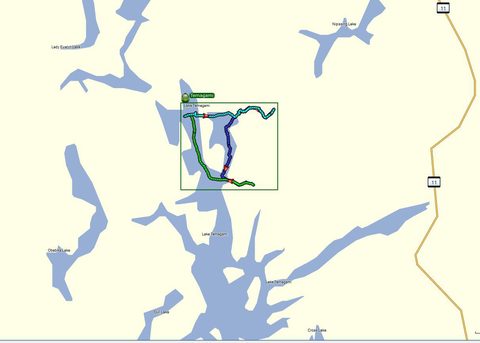 Here's the data I collected from my GPS for paddling only (no portage).  Aug 1 - dark blue ~17km; Aug 2 - green 14.6km; Aug 3 - cyan 12.9km.
