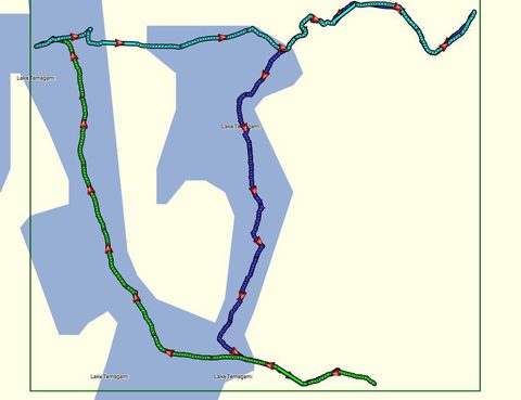 Here's the data I collected from my GPS for paddling only (no portage).  Aug 1 - dark blue ~17km; Aug 2 - green 14.6km; Aug 3 - cyan 12.9km.  45km total