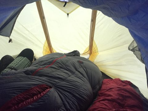 In the tent. Tim's cozy sleeping bag :)