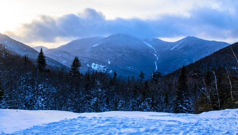 Algonquin Peak shrouded in clouds at sunset, taken from Indian Falls